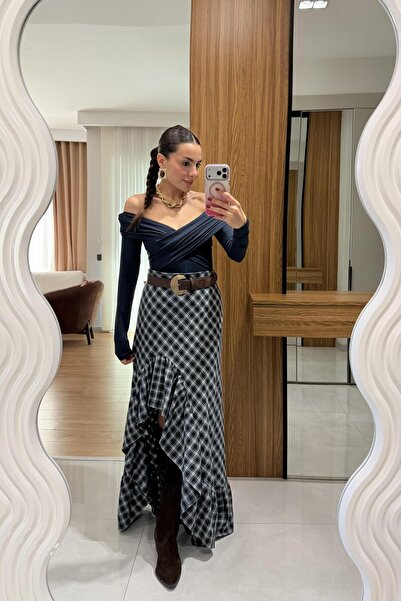 Gizem Ecemiş Vesse Yeşil Fırfırlı Maxi Ekose Etek