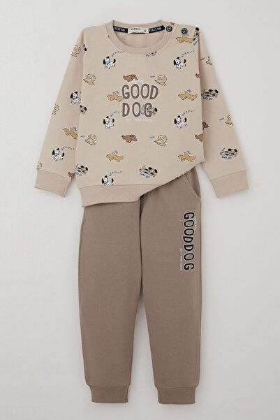 Breeze Baby Boy Tracksuit Set Cute Puppies Patterned 9 Months-3 Years, Beige