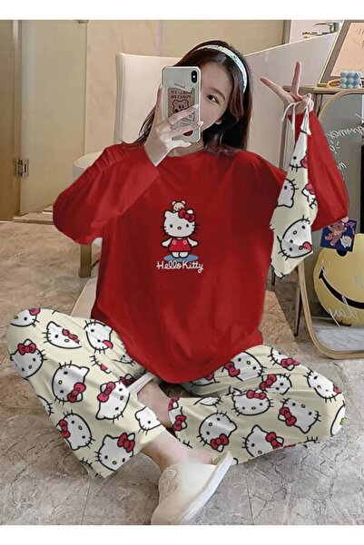 Silona Homewear Bahd Hello Kitty 2 Red Süpersoft Kadın Pijama Takımı