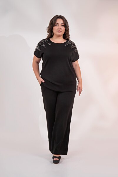 Roxxlen 3330597 Set de damă, mărime mare, negru, perlat T cu pietre aplicate