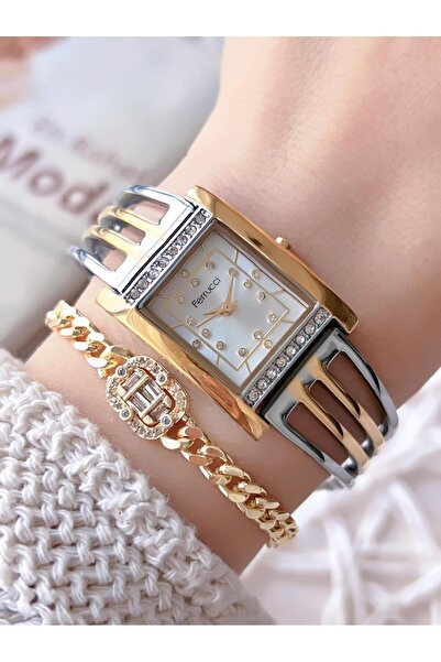 Ferrucci ساعة يد نسائية + سوار من سلسلة خاصة، سوار فولاذي بلون أسود لا يتأكسد VS.BLKT.0745