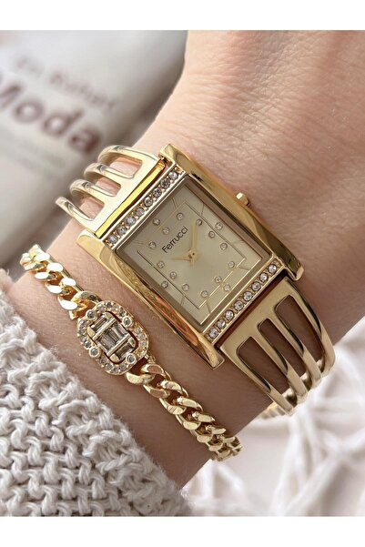 Ferrucci ساعة يد نسائية + سوار من سلسلة خاصة، سوار فولاذي لا يفقد لونه، VS.BLKT.0743