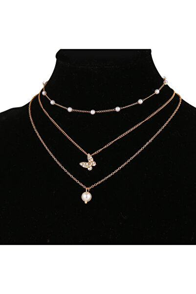 GlaMLo Accessories Set 3 Lănțișoare Aurii cu Perlă și Fluture