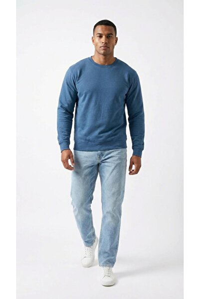 KLY سويت شيرت رجالي أساسي برقبة دائرية وأكمام طويلة 100% قطن لون نيلي C4T0N5