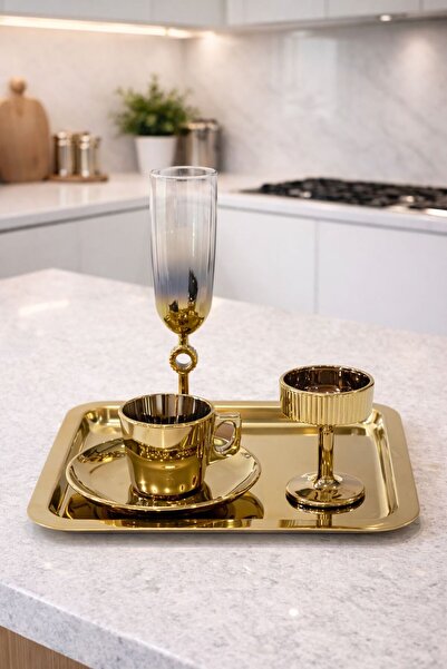 isra kristal Gold Coffee Presentation Set – Gold Coffee Cup, Turkish Delight Bowl and Tray - Luxury Coffee Set - Groom's Coffee Set