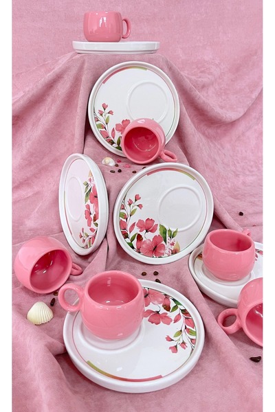 Erbaşlar Pembe Magnolya 12 Parça 6 Kişilik Sunumlu Kahve Fincan Takımı, Seti