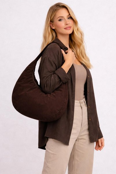 World Star Bitter brown suede half moon women's oval shoulder bag with double zipper closure