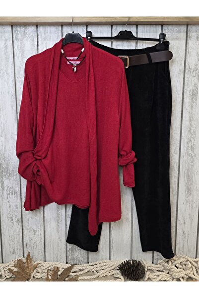 pudubutik Red Shawl Collar Italian Cardigan