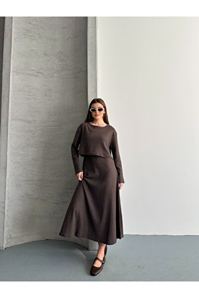 eyyebelle Kadın Şardonlu Elbise Crop Bluz İkili Takım