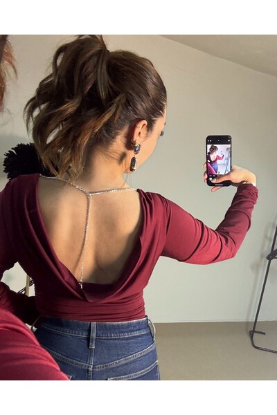 ecemce butik Sırt Kolyesi Detaylı Arka Degaje Bluz