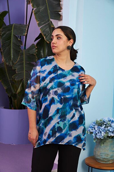 RMG Patterned Plus Size Blue Chiffon Blouse