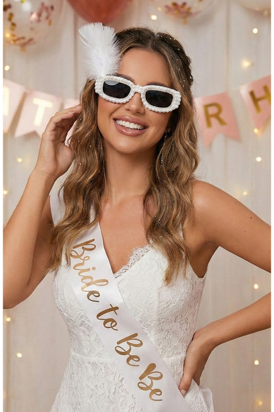 Happyline İncili beyaz doğum günü gelin gözlük tüylü bride after parti gözlüğ...