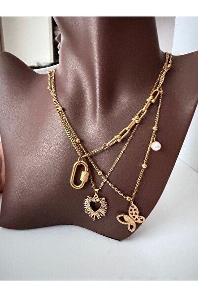 ACCESSORYHUB Gold Renk Çoklu Zincir Kalp & Kelebek Figürlü Kadın Kolye Seti –...
