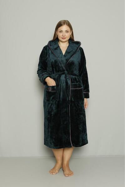 Şahteks Kadın Çift Cepli Kapüşonlu Ara Biyeli Kuşaklı Ultrasoft Bornoz