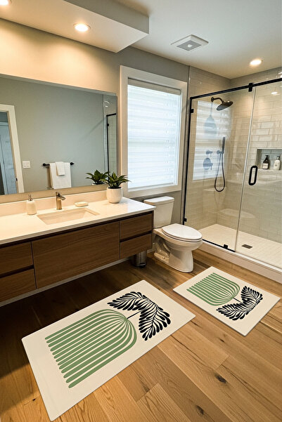 Etnik Dekor Large Green Floral Pattern Digital Print 2-Piece Bathroom Mat Set