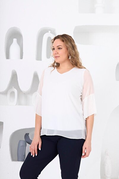 RMG Plus Size White Blouse with Pleated Sleeves