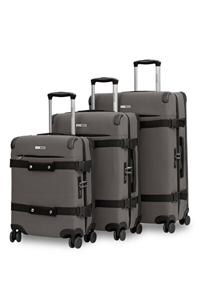PARAJOHN Retro grey 3-piece luggage set with 20/24/28 inch cases, hard shell and smooth 360° spinner wheels.