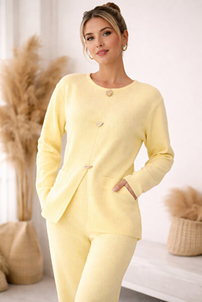 BİGAMTEKSTİL Kadın Sarı Düğme Detaylı Basic Şık ikili Triko Takım
