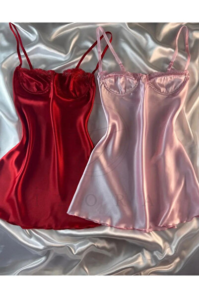 Harness İzora KIRMIZI ve PEMBE Dantel Detaylı Askılı Saten Mini Elbise (2'Lİ PAKET)