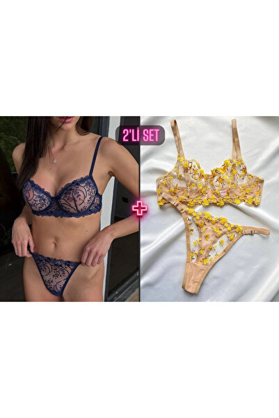 Valunor Sarı Çiçek Desenli Bralet Balenli+Lacivert Çiçekli Balenli Sütyen Kap...