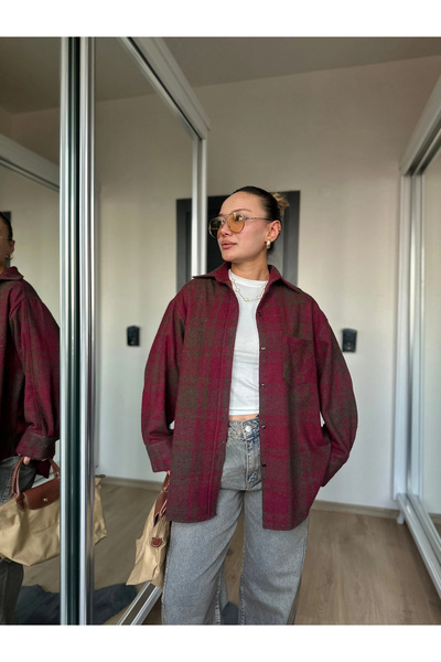 ky butikkk Kadın Oduncu Gömlek Bordo-Kahverengi