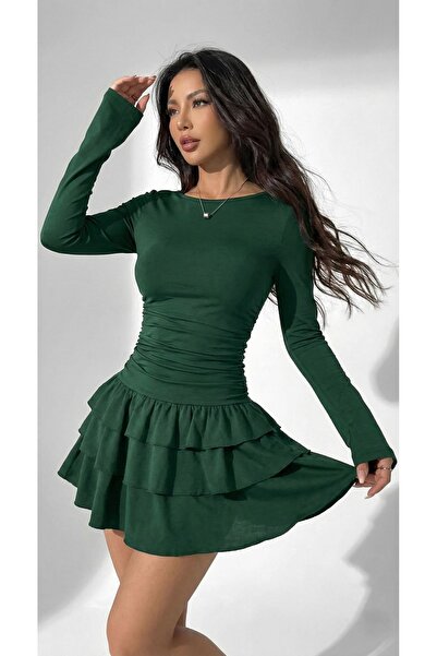 Avones Women's Long Sleeve 3-Layer Ruffle Lycra Viscose Dress - Self-Lined