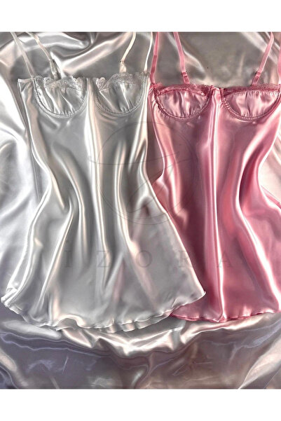 Harness İzora BEYAZ ve PEMBE Dantel Detaylı Askılı Saten Mini Elbise (2'Lİ PAKET)