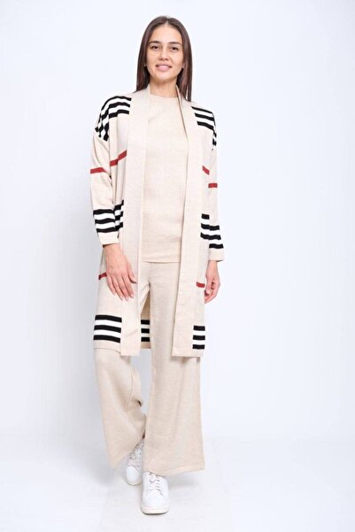 Cannes Ecru Color 3-Piece Set with Trousers and Cardigan