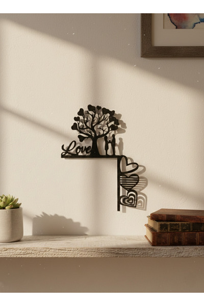 lucien vela Hediyelik Siyah Ahşap Dekoratif Kapı Üstü Duvar Süsü - Love Yazılı Kalp ve Ağaç Figürlü Tablo