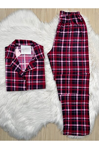 Pijamacs Multi-Colored Plaid Pattern Suede Shirt Collar Long Sleeve Pajama Set