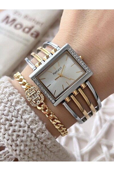 Ferrucci ساعة يد نسائية + سوار من سلسلة خاصة، سوار فولاذي بلون أسود لا يتأكسد VS.BLKT.0746