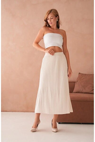 LİYACA Tested Pleated Knit Skirt Midi Length