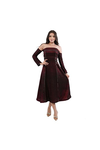 TREN Shimmering Midi Evening Dress Side Strap Detail Olive Burgundy Fitted Party Gown Women