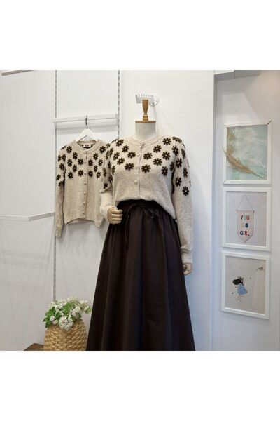 Faya Boutique Kahverengi Papatyalı Vizon Hırka