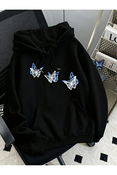 Revasser Kadın BUTTERFLY Renkli Özel Baskılı Pamuklu Oversize Kapüşonlu Sweat...