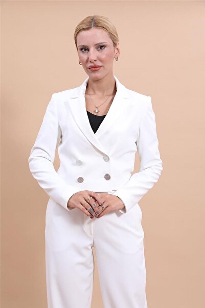 ÖNDER ÖZSOY سترة نسائية ميني بأزرار على الجهتين بأزرار - أبيض