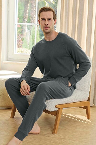 Aydoğan طقم بيجامة رجالي بأكمام طويلة من قماش الوافل 250650 أخضر مرير