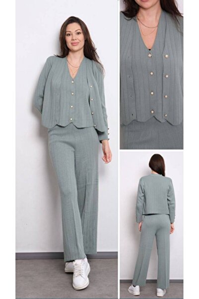 Cannes Mint Green Color 3 Piece Set with Pants and Cardigan