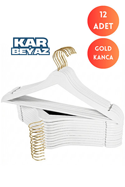 Dorcia Home 12 Adet GOLD Kancalı Beyaz Lüks Askı Ahşap Görünümlü Plastik A Kalite Askı