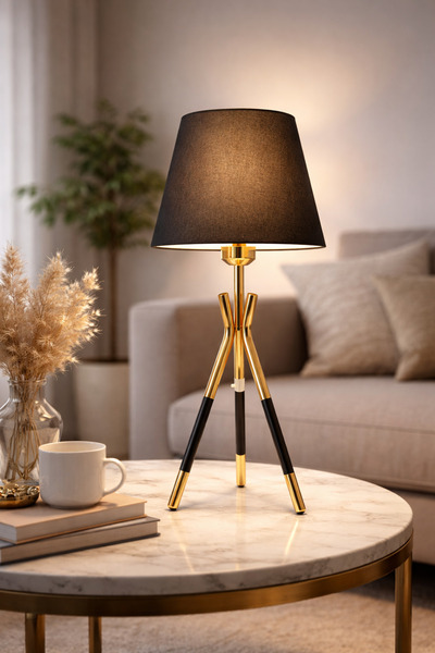 EvLight Metal Lampshade with Gold Tripod Legs and Black Fabric Head