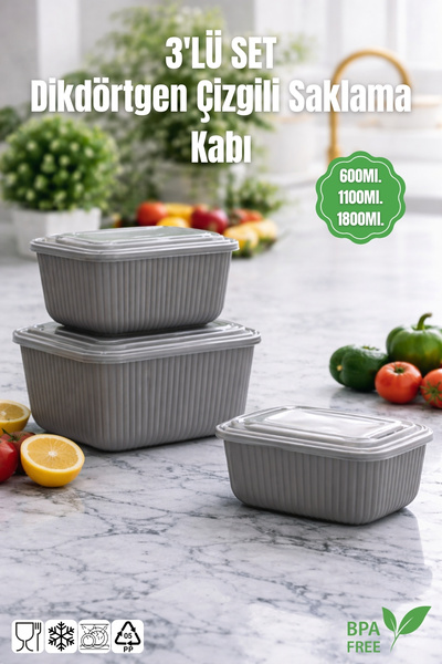 Nandy Home Set of 3 Rectangular Striped Storage Containers Suitable for Microwave and Freezer -600/1100/1800Ml.