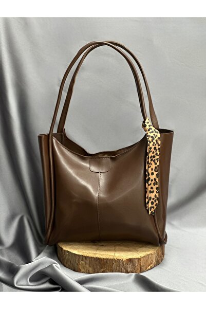 BENAHOLL Geantă de damă Lamia Leopard cu detaliu eșarfă, cu fermoar, din piele, geantă de umăr de dimensiuni mari-DN101 maro