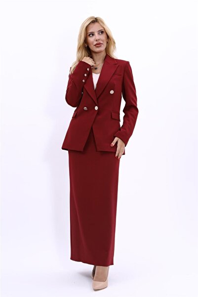 ÖNDER ÖZSOY بدلة نسائية محتشمة بياقة وسترة عصرية وتنورة طويلة - لون أحمر داكن