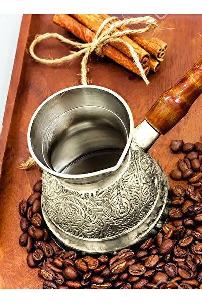ELEGANT HOME Turkish coffee pot, copper, with wooden handle, 12 cm, capacity for 4 cups, silver color