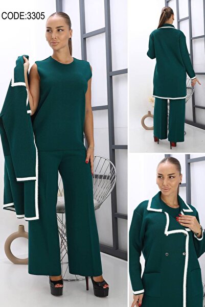 Cannes Green Color 3 Piece Set with Pants and Cardigan