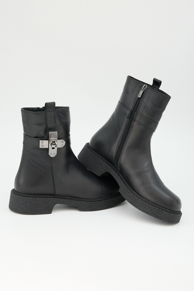 Jande Women's Black Genuine Leather Buckle Zippered Thick Sole Boots