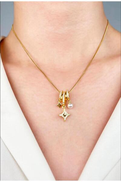 Jevellery Gold Çelik Yıldız Charm Kolye – Zirkon Taşlı İnci Detaylı Zarif Tas...