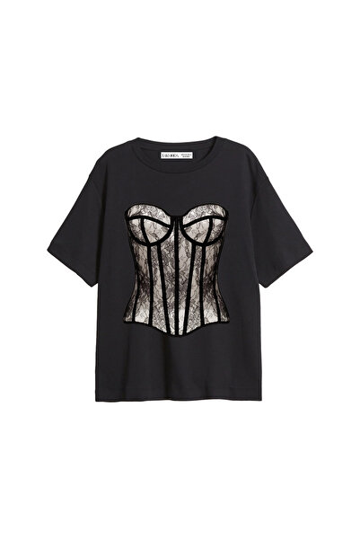 CİNEMA MODA Fit Corset cu imprimeu croi relaxat Negru Femei tricou