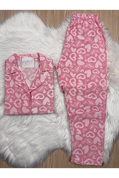 Pijamacs Heart Patterned Suede Shirt Collar Long Sleeve Pajama Set
