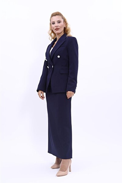 ÖNDER ÖZSOY Double-Breasted Crossed Jacket & Long Pencil Skirt Set-Navy Blue
